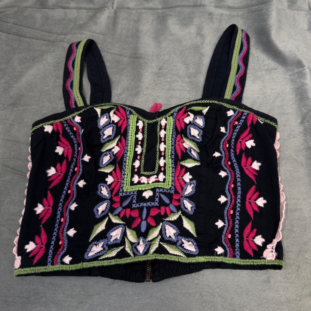 Anthropologie Womens Crop Top Size 0 Black Embroidered‎ Bustier Boho Floral Folk